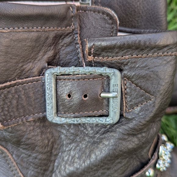 Brown Leather Cowboy Biker Moto Rare Pink Bling Boots 9 fit like 8.5 - Picture 11 of 12